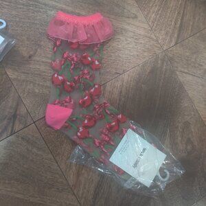 Sock Candy Cherry Bow Ruffle Sheer Crew Sock OS New